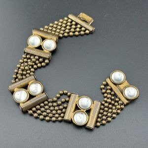 Vintage Art Deco 6-Strand Brass Ball Bead Chain Glass Moonstones Bracelet 7.5”